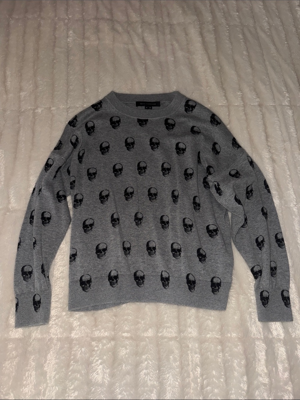 Skull Cashmere Gray Crewneck Sweater with Black Skull Pattern